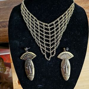 Vintage 90s Chain-mail Bib Necklace with Tribal Pierced Mask Earrings
